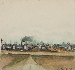 In the distance uniform rows of barracks line a long dirt road, and trees and chimney smoke line the horizon