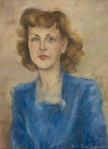 painting of white woman with curled red hair in blue top