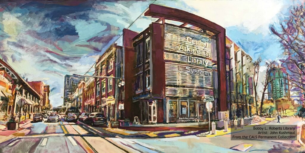 painting of steel and glass building on street corner "Central Arkansas Library System" in big letters on the building