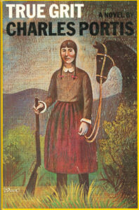 book cover with teen girl holding end of rifle and rope on horse with hills in background