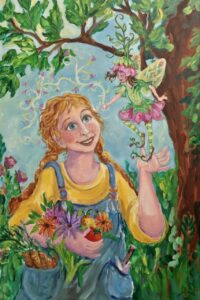 painting of a white girl with braids with a fairy in her hand