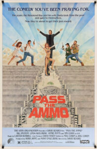 white minister at top of stairs with four people with weapons and one woman in a skimpy costume