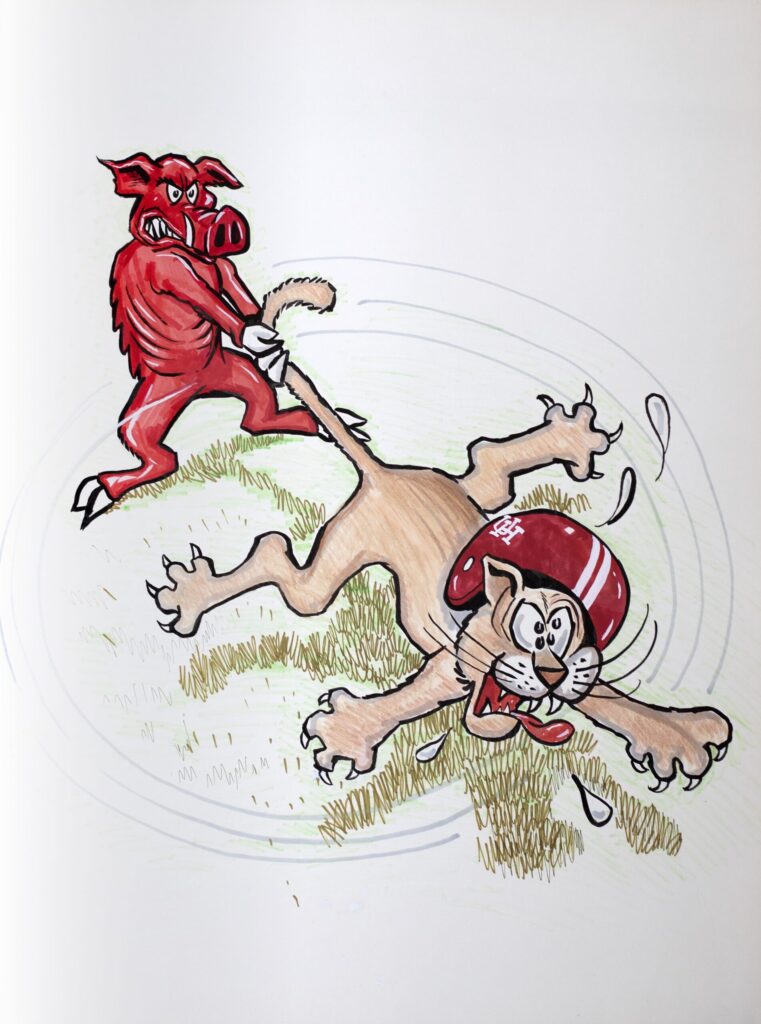 illustration of a red hog pulling a cougar in a UH football helmet by his tail