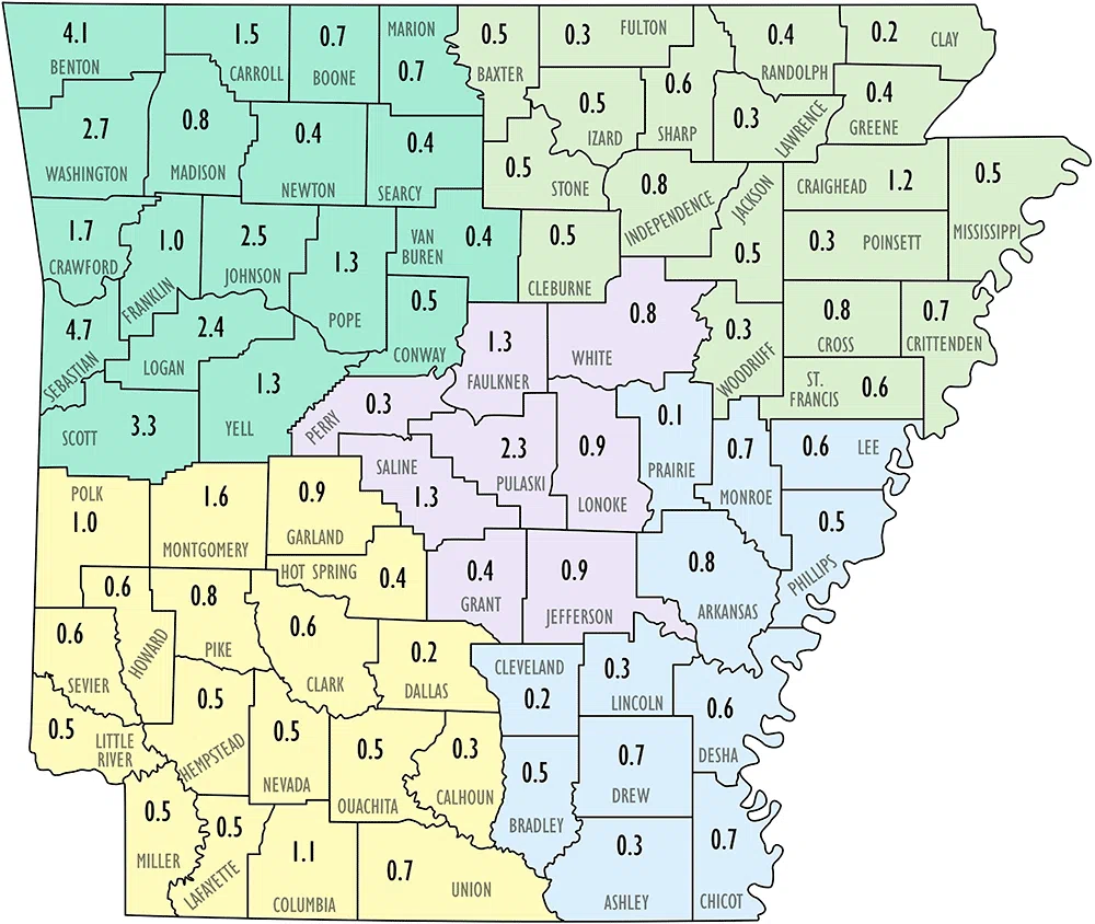multicolored map of arkansas with statistics numbers on them
