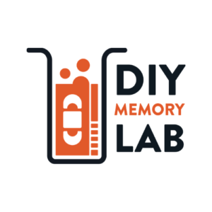 DIY memory lab logo featuring a test tube with a VHS in it
