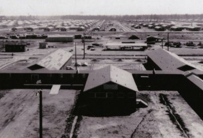 A black and white photograph shot from above displaying the Rohwer Relocation Center