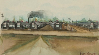 Painting of single-story barracks in internment camp