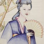 Japanese woman holds a fan in front of Bamboo Stalks