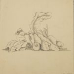 Pencil drawing of a neat pile of a few root vegetables