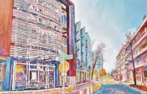 Painting of multistory Central Arkansas Library System building on city street corner