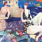 Abstract watercolor of two faceless women in bathing suits on a beach