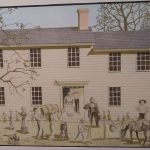 Watercolor of white men women and children outside of multistory house