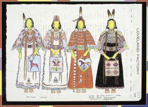 Four faceless Native American women in traditional garb with handbags over Loveland Factory document