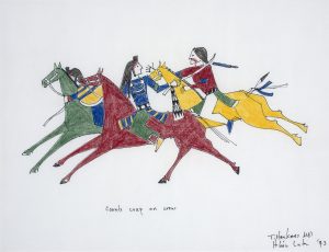 Multicolored drawing of men on running horses