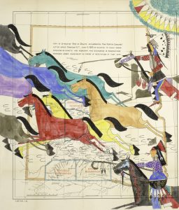 Native Americans on horseback and multicolored running horses on map