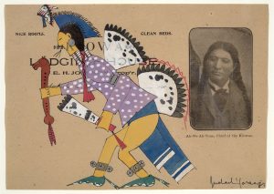 Native American man dancing and Native American man in suit on "Kiowa Lodging House" advertisement