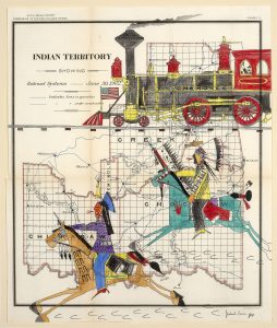 Steam train and Native Americans on horseback superimposed over map of Indian Territory