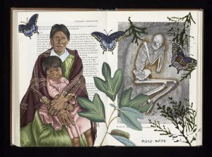 Native American woman holding girl with leaves and butterflies superimposed on book pages