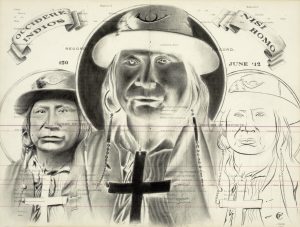 Native American man with hat and cross necklace repeated three times under latin banners
