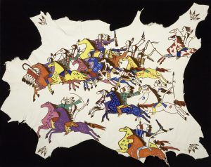 Native Americans with weapons on horseback on deer hide