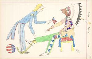 Drawing of white man in military uniform putting a ball and chain on Native American man's leg