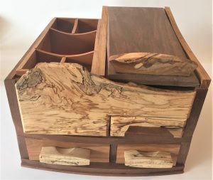 Wooden jewelry box with tray and shelving