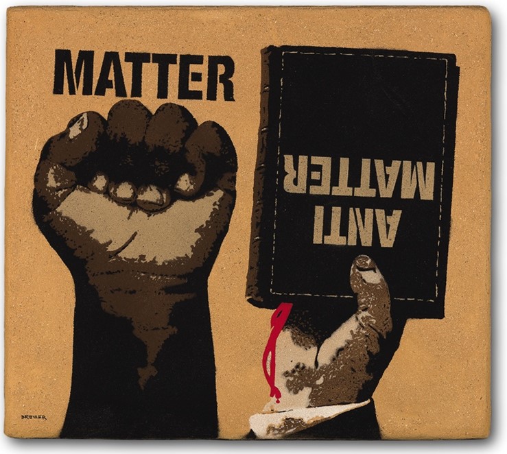 Fist with the word "Matter" above it and hand with upside down book labeled "Anti-Matter"