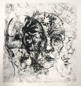 Abstract lithograph of two faces merging into one