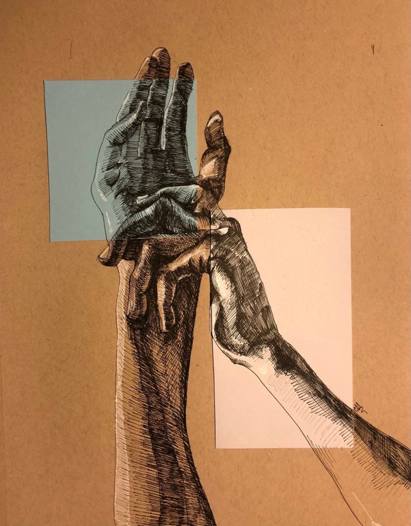 Drawing of human hands across separate pieces of paper
