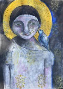 Girl with halo and blue bird on her shoulder