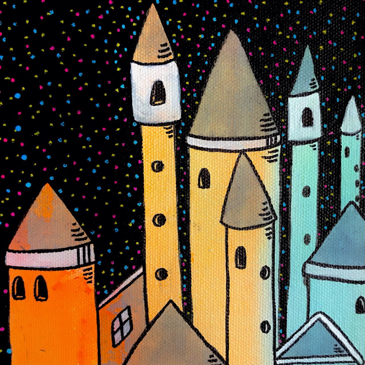 Multicolored castle towers on black background with multicolored dots on it