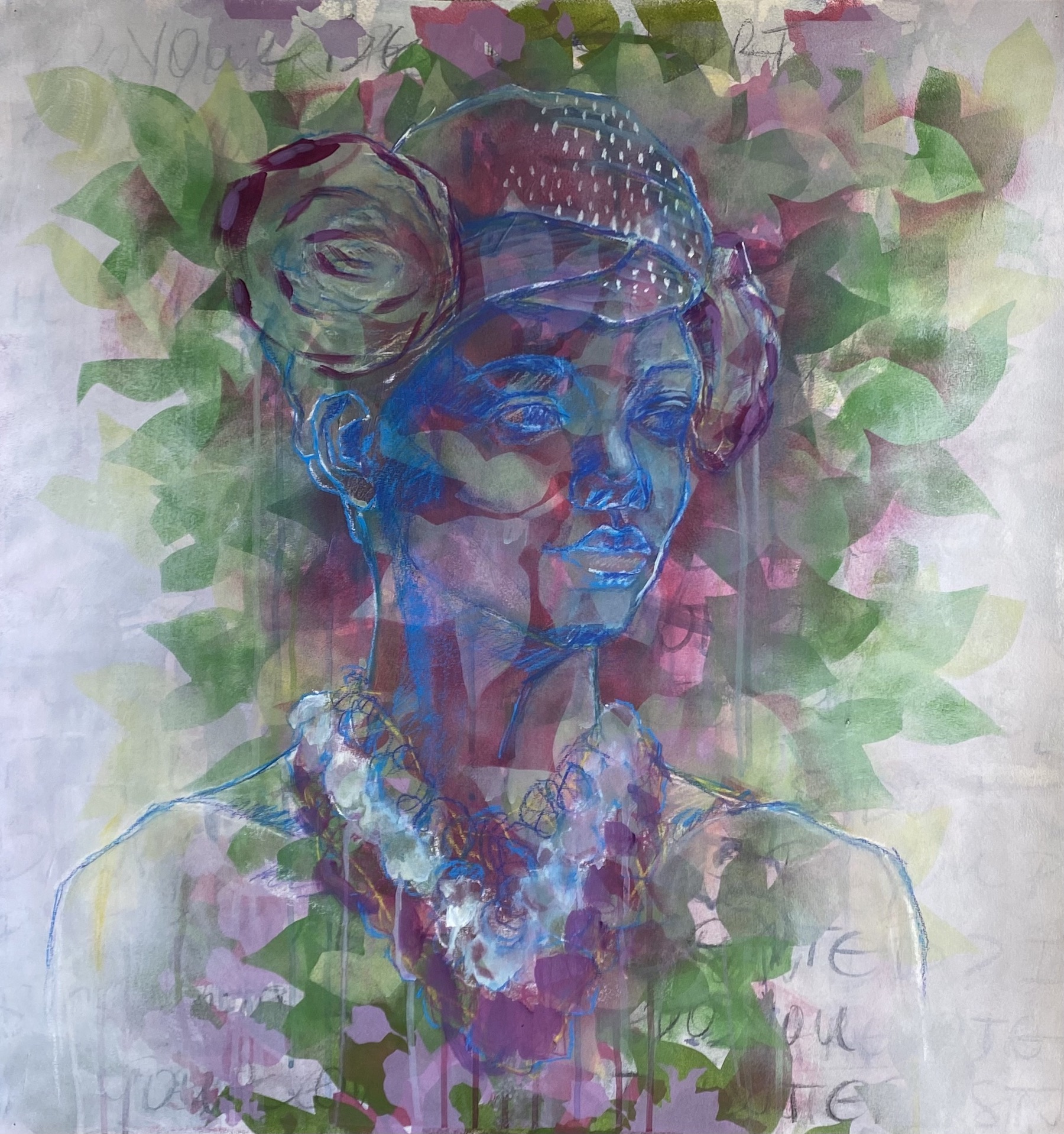 Woman drawn in blue with head scarf and green leaves around her head.