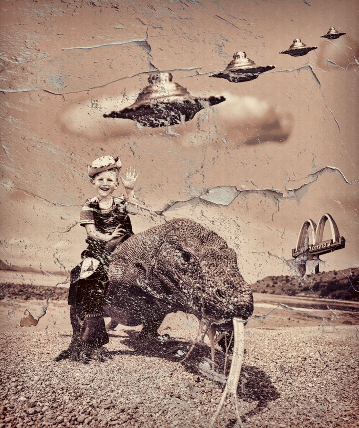 Kid with cowboy hat riding dragon with UFOs over head and McDonalds sign in background