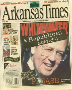 Newspaper with photo of white man with glasses and a headline "Whitewater A Republican Scandal"