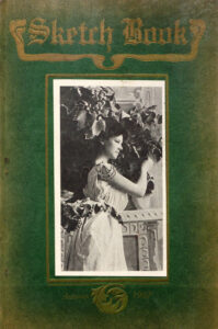 green cover picturing a white woman in a dress next to decorative plant