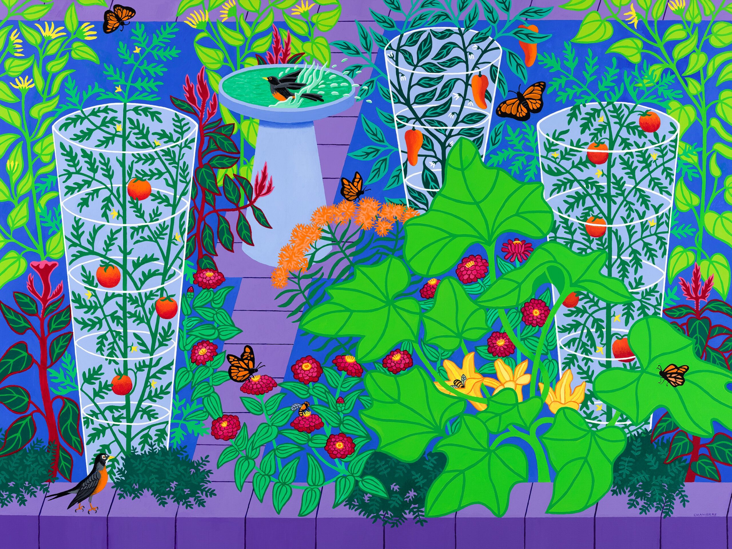 bright colored painting of a garden with tomato plants featuring blooms and fruit