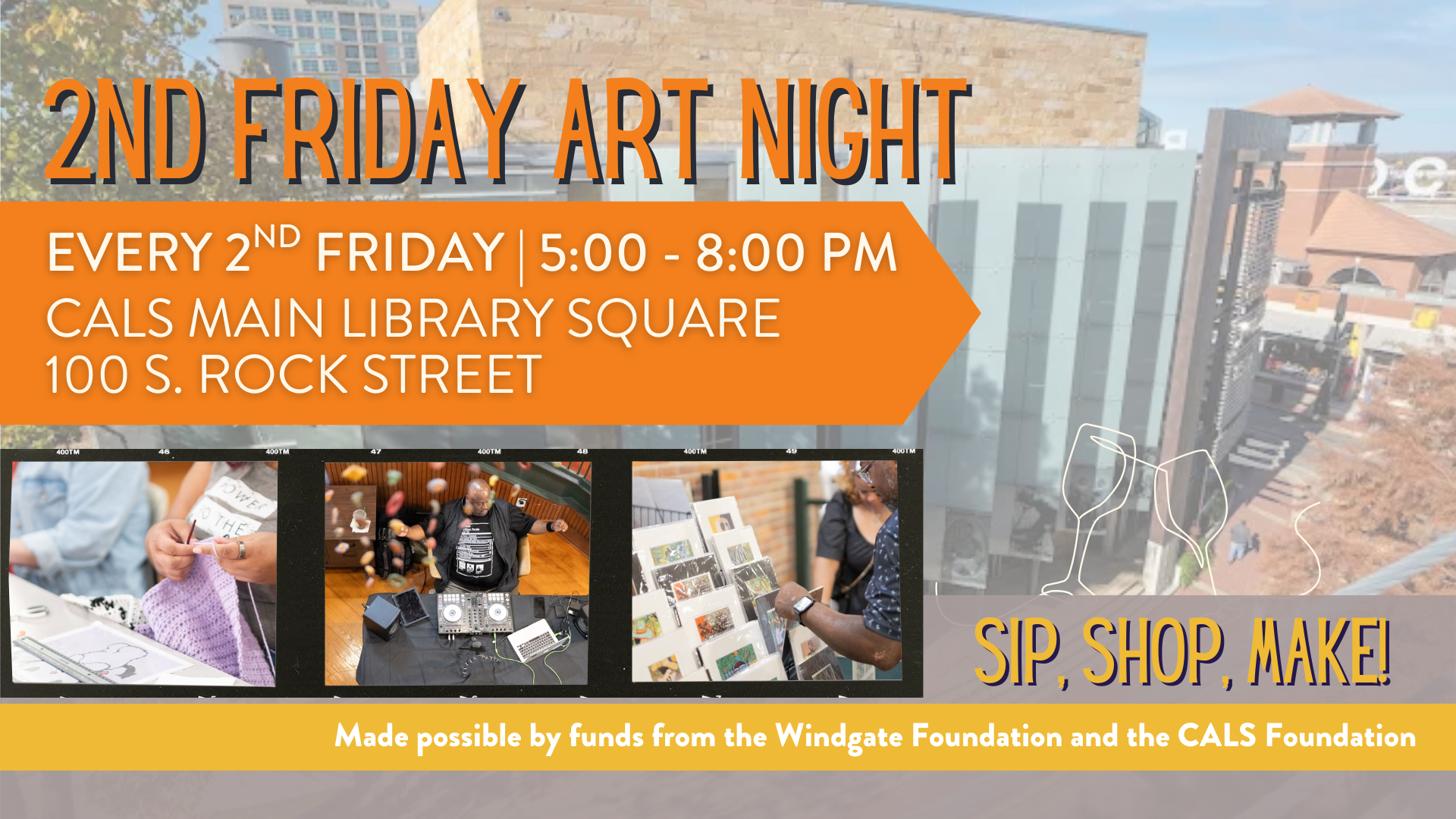 photograph of CALS Roberts Library with photos of people knitting, making art, and shopping