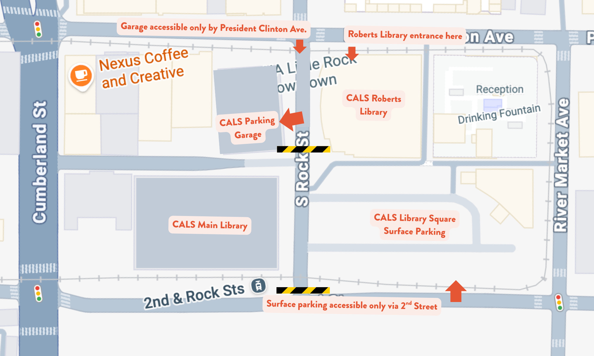 parking map showing visual directions to parking areas and entrances in library square