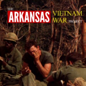 White and African-American men sitting in military uniforms on "The Arkansas Vietnam War Project" title card