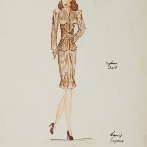 Summer Suit
Nancy Toyama
Gouache and Paper
ca. 1942-1945
(2011.001.0039) Fashion design of a woman wearing a burnt orange pencil skirt suit