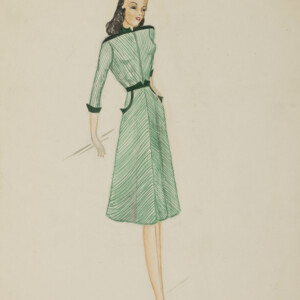 Woman in a Green Dress
Aki Yanokawa
Watercolor on Paper
(2011.001.0042) Fashion design of a woman wearing a tea length green dress