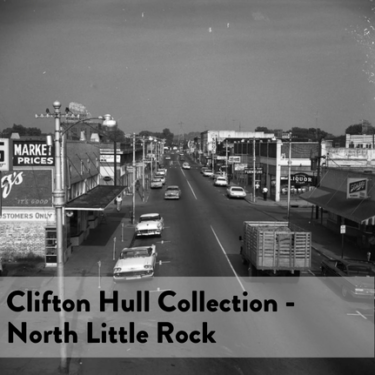 Digitized photographs from this collection show locations outside of Pulaski County across the state of Arkansas photographed by Clifton Hull from 1880 - 1989. street with building on both sides and car driving and parked