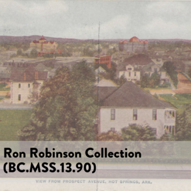 Digital content from this collection features menus and postcards from around the state from the 1910s to the 1950s, collected by Ron Robinson during the late 20th century. houses and building with a cloudy sky