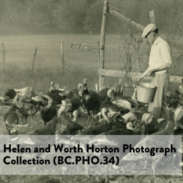 Digitized content features photographs taken by the Horton family during their travels around Arkansas. They focus mainly on scenery, farming, industry, and recreation between 1935 and 1941. white man feeding a rafter of turkeys