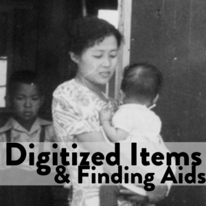 Japanese American woman holding baby with child looking on from doorway